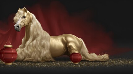 Simple stroke of golden horse illustration silhouette on red background, of Chinese new year, year of the horse