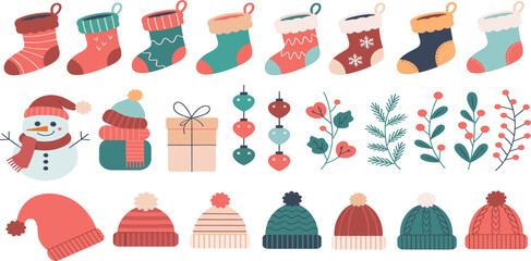 Set of colorful Christmas holiday icons featuring winter hats stockings snowman and decorative festive botanical elements