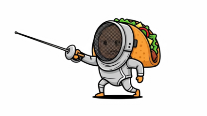 A charming cartoon taco dressed as a fencer holding a foil ready for action on transparent background