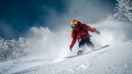 snowboarder riding down snowy mountain slope