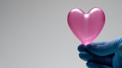 A person's hand holding a plastic heart with surgical gloves, concept of caring for heart health, International Cardiology Day