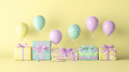 Gift boxes and balloons in pastel shades on a yellow background