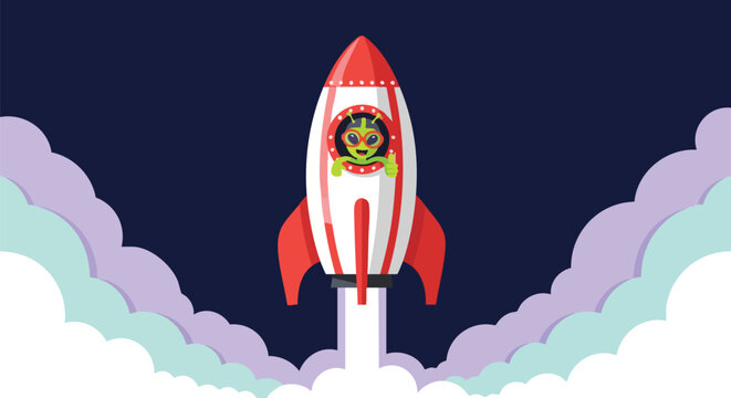 Cute cartoon alien pilot inside a retro rocket ship blasting off into a starry night sky with clouds.