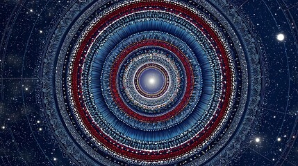 Intricate and bright mandala in blue and purple with details.