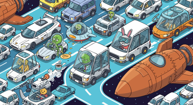 An imaginative isometric illustration captures a bustling intergalactic traffic jam, where quirky alien drivers and unique vehicles navigate a cosmic highway.