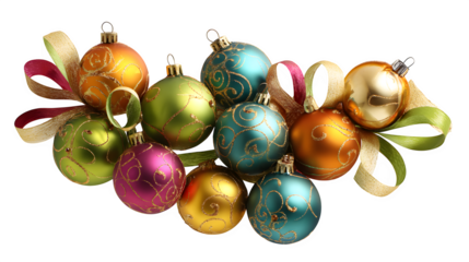 Colorful easter eggs and shiny glass baubles create a festive holiday celebration with purple and gold ornaments on a white background