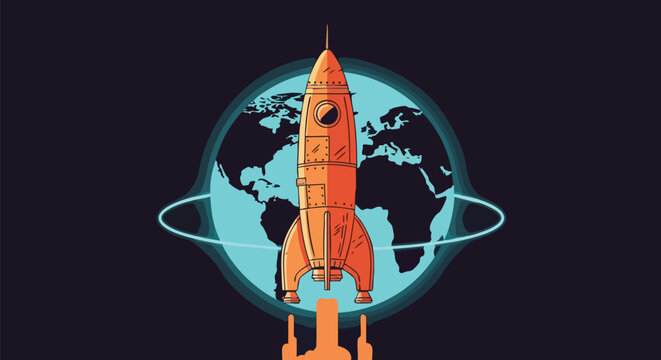 Retro rocket ship launching into space with Earth globe and orbit rings in a stylized illustration.