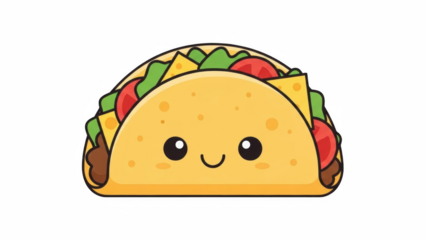 Adorable cartoon taco character with a smiling face and cute eyes on transparent background