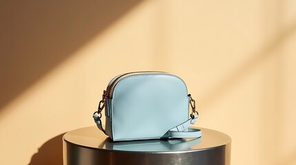 Stylish Light Blue Leather Crossbody Bag on Metal Podium with Warm Shadows
