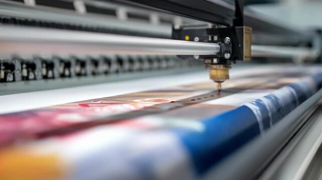 Medium shot focusing on the precise application of ecofriendly inks on durable polyester fabric during hightech inkjet fabric printing.