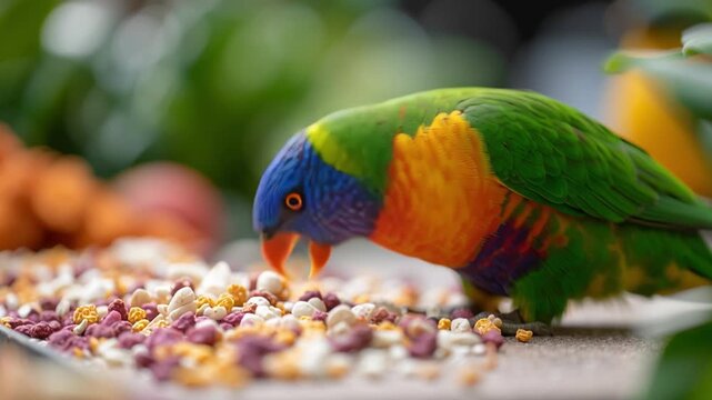Colorful parrot enjoys tasty snacks in a lush garden setting while interacting with its environment