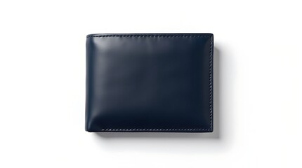 Elegant navy blue leather wallet on white background, minimalist design, luxury accessory