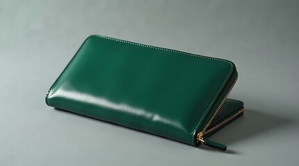 Luxury Dark Green Leather Zip Around Wallet for Women on Grey Minimalist Background