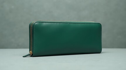 Elegant Dark Green Leather Zipper Wallet for Women on a Minimalist Gray Background