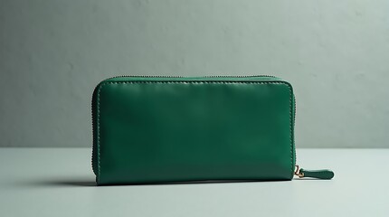 Stylish Emerald Green Leather Zipper Wallet on Minimalist Green Background