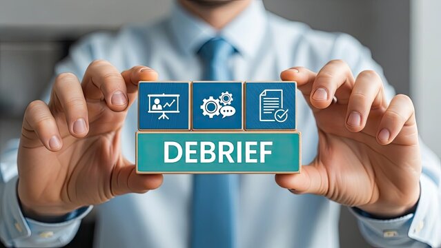 Businessman presenting debrief concept with icons and text