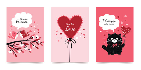 A set of greeting cards for Valentine's Day, weddings, and birthdays, designed in a hand-drawn style for a romantic occasion. Vector design.