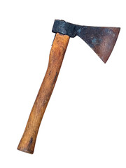 Old rustic axe with wooden handle having rusted blade