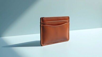 Minimalist Brown Leather Card Holder on White Surface with Dramatic Lighting
