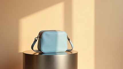 Light blue minimalist handbag on metallic pedestal with dramatic sunlight shadows, modern fashion accessory product photography