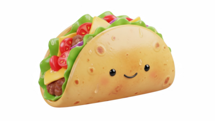 A charming cartoon taco with a cheerful face filled with toppings on transparent background