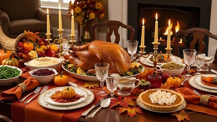 A festive thanksgiving dinner table set with a roasted turkey, pumpkin pie, and autumn decorations