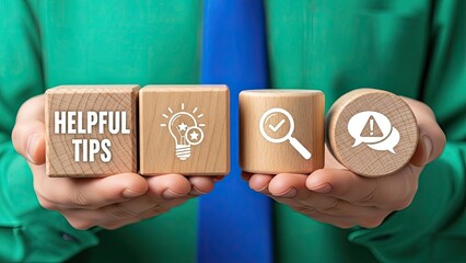 Businessman presenting helpful tips and advice with wooden blocks