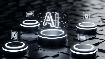 Glowing AI text on illuminated platforms with holographic icons artificial intelligence
