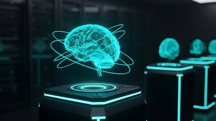 Glowing blue digital brain hologram on futuristic display stand technology