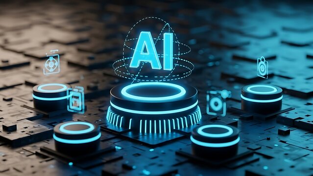 Glowing AI text on futuristic digital circuit board with data icons artificial intelligence - Powered by Adobe