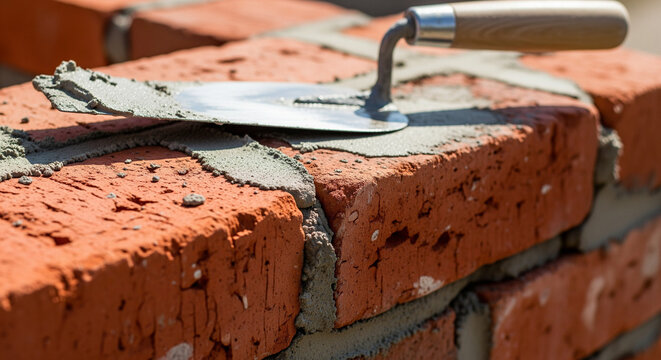 Close-up of a metal trowel resting on a freshly laid red brick wall with wet mortar, showcasing the process of masonry and construction