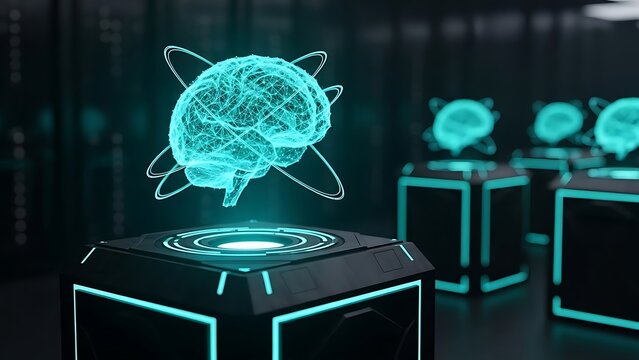 Glowing blue digital brain hologram displayed on futuristic pedestal technology - Powered by Adobe