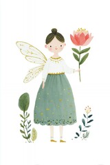 a fairy holding a flower stands surrounded by plants