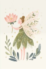 fairy holding a pink flower surrounded by leaves