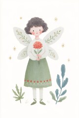 whimsical fairy holding a red flower smiles