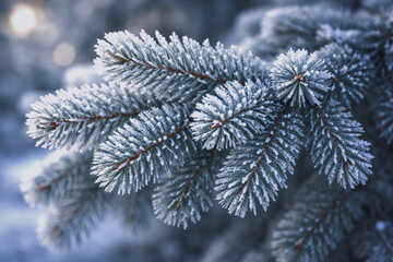 Close-up of pine branches coated with delicate hoarfrost, a richly detailed winter composition capturing crisp cold beauty, perfect for seasonal designs, nature backgrounds, and holiday branding.