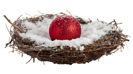 A closeup of a red easter egg and natural brown eggs in a straw bird nest provides a seasonal spring holiday decoration isolated on a yellow background as a celebration symbol