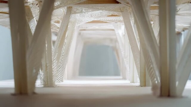 Medium shot focusing on the structural elements of a modular 3Dprinted shelter demonstrating adaptability in disaster relief scenarios