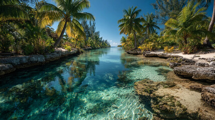 Tropical lagoon with crystal-clear waters, surrounded by lush vegetation and sandy banks, vibrant aquatic ecosystem, serene natural environment 
