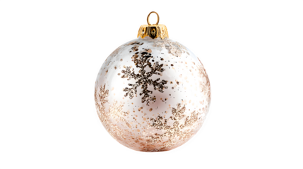 A shiny golden Christmas ball ornament with a bright glass finish hangs as a festive holiday bauble isolated on a white background for a winter celebration