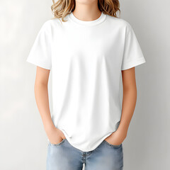 Young person stands against a wall wearing a plain white shirt and blue jeans while smiling at the camera in a bright indoor space during daylight hours