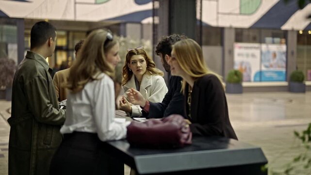 A diverse group of young business professionals engages in a lively discussion outdoors, highlighting modern work culture and the benefits of remote collaboration and teamwork.