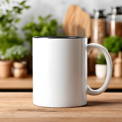 White mug sits on a wooden table surrounded by plants and kitchen utensils in a home setting during daylight hours