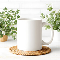 A white mug is placed on a wooden table with various green plants and kitchen tools in the background. It is a bright and sunny day.