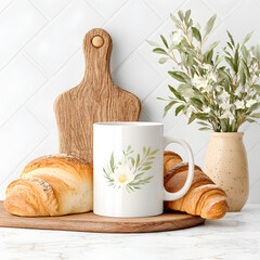 Croissants are placed on a wooden cutting board next to a mug with a simple design. A small vase with flowers is also on the board in a bright kitchen environment.