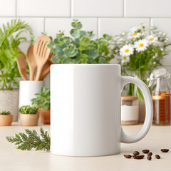 White mug sits on a wooden table surrounded by plants and kitchen utensils in a home setting during daylight hours