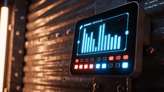 Digital audio equalizer display shows sound bars on industrial wall panel with LED buttons. Music visualization screen glows. Equalizer displays sound bars. Audio meter shows frequency levels.