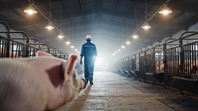 Farm worker inspecting pigsty and livestock