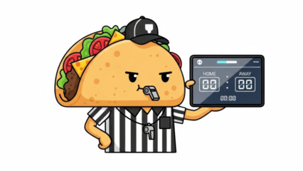 A cute taco character dressed as a referee holding a scoreboard on transparent background