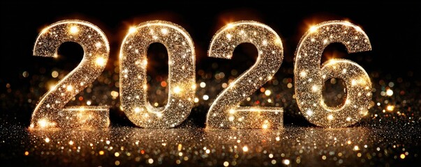 A sparkling representation of the year 2026, featuring golden numbers amidst a backdrop of shimmering lights and glitter.